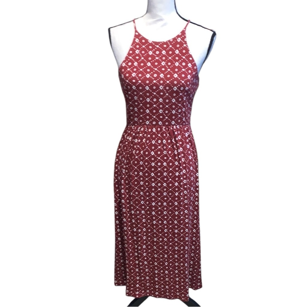 Loft Geometric Maxi Dress Size XS Women’s Red Back Tie Spaghetti Strap